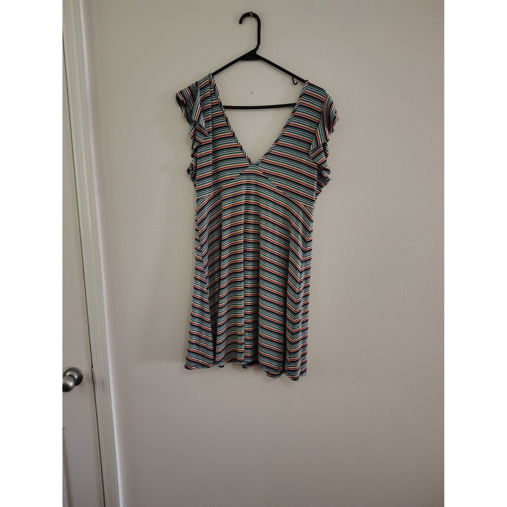 Wild Fable Womens Large Striped Ribbed Knit Ruffle Sleeve V-Neck Mini Dress